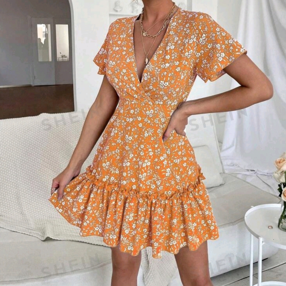 SHEIN Women's Short Sleeve Floral Print Ruffled Hem Dress New